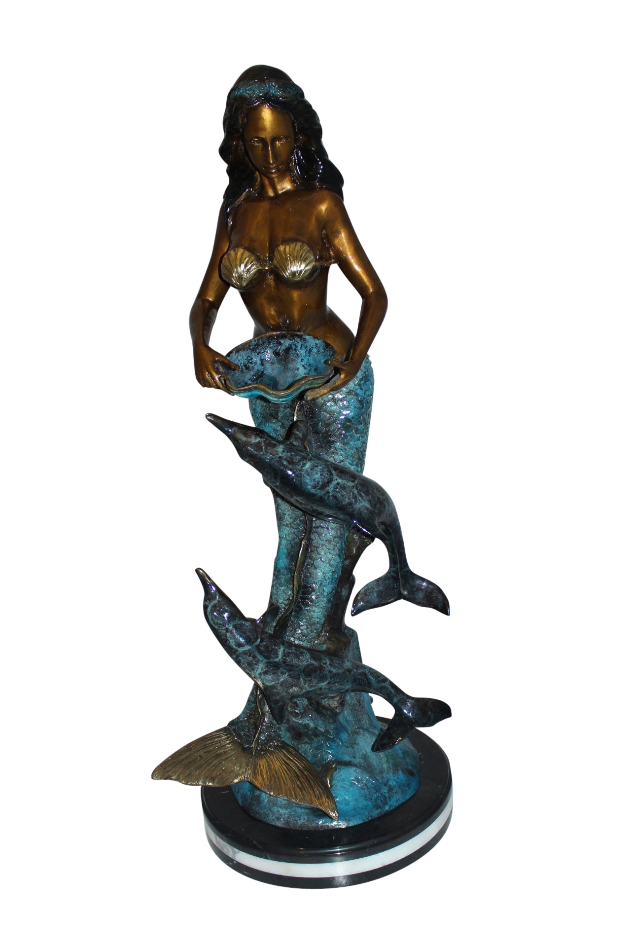 Mermaid with Dolphin Fountain Bronze Statue - Size: 16"L x 16"W x 39"H.