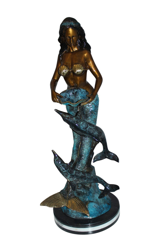Mermaid with 2 dolphins Bronze Statue - Size: 14"L x 14"W x 28"H.