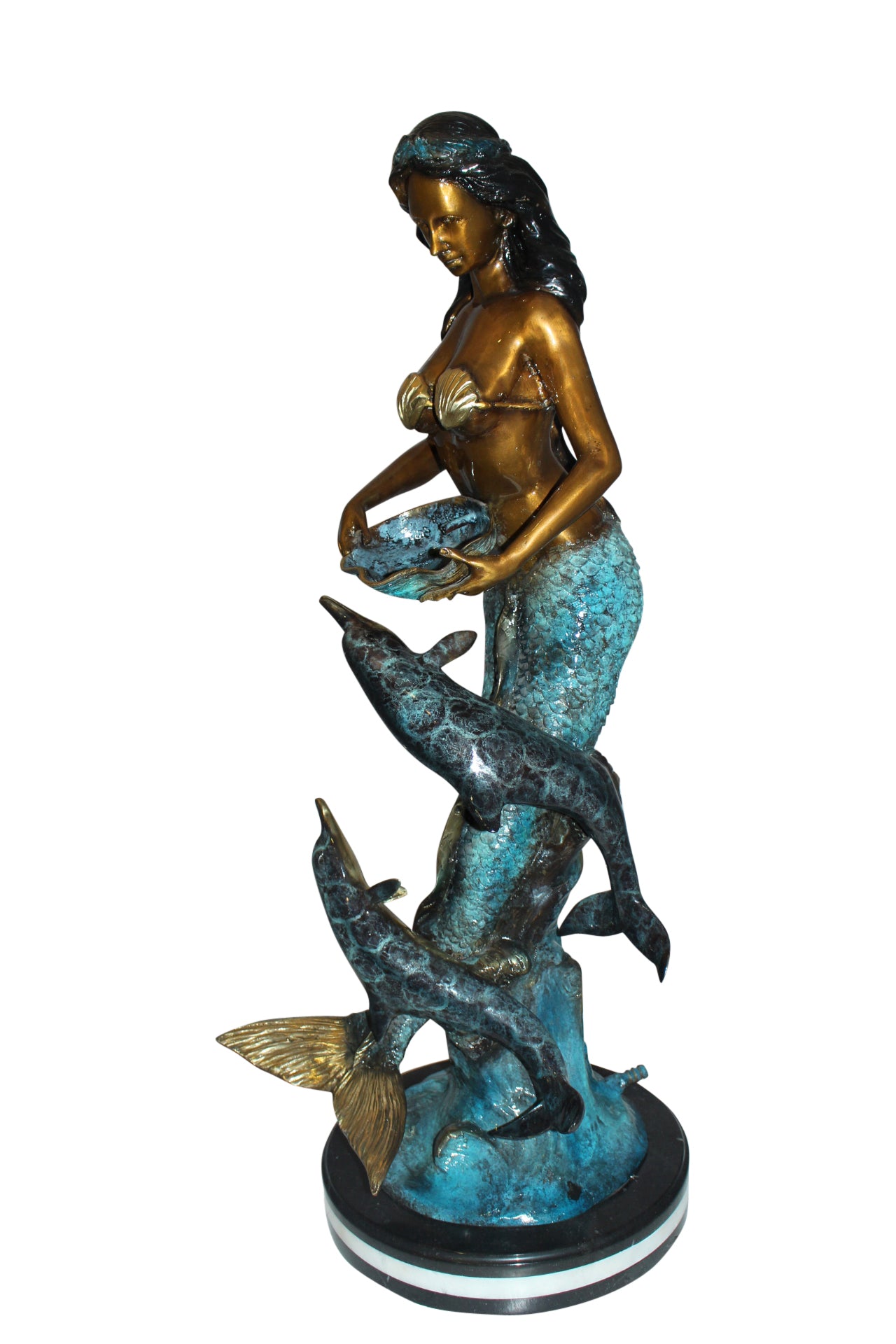 Mermaid with Dolphin Fountain Bronze Statue - Size: 16"L x 16"W x 39"H.