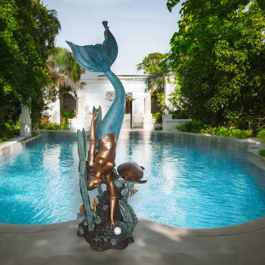 Mermaid Diving for a Pearl Fountain Bronze Statue -  Size: 34"L x 27"W x 93"H.