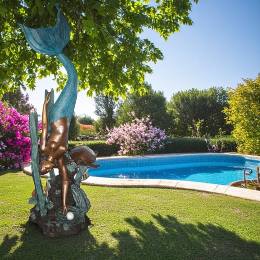 Mermaid Diving for a Pearl Fountain Bronze Statue - Size: 34"L x 27"W x 93"H.