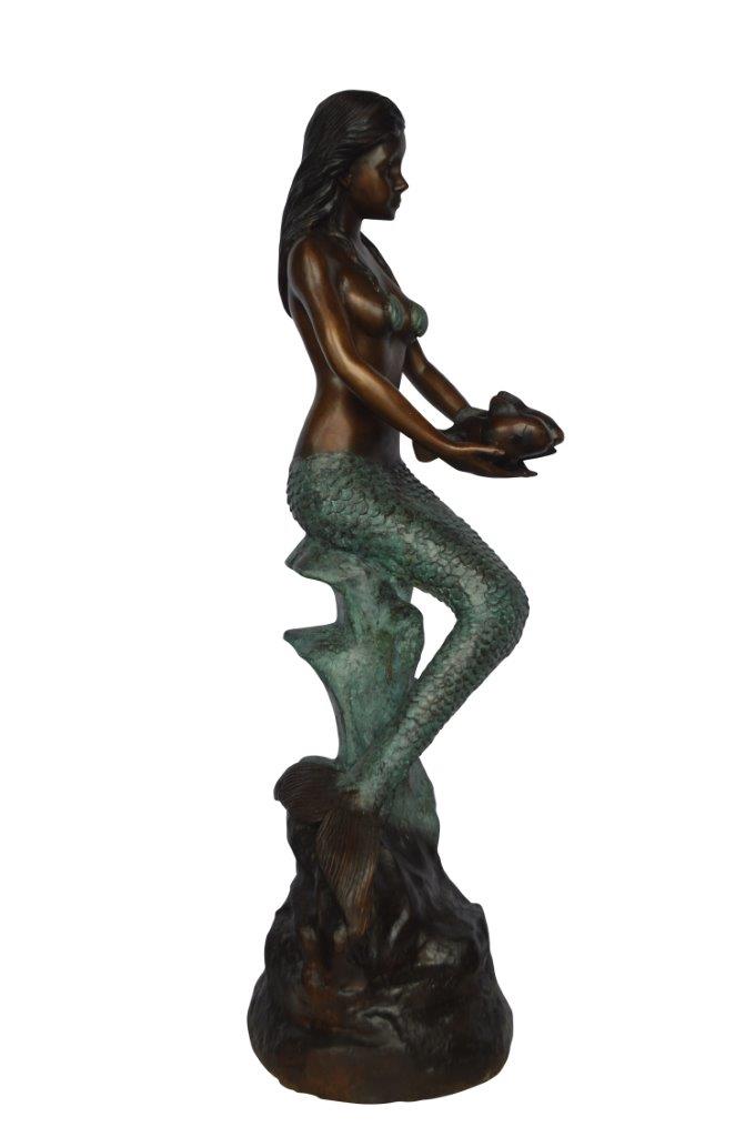Mermaid Holding Two Fish Bronze Statue -  Size: 14"L x 14"W x 43"H.