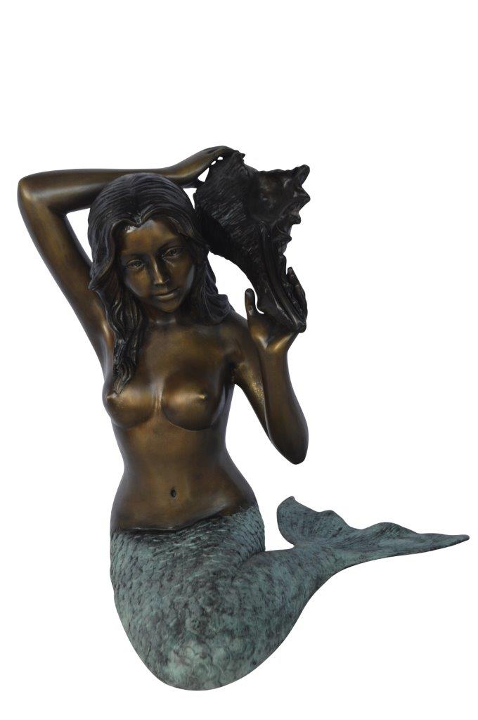 Mermaid with Conch shell bronze statue - Size: 16"L x 17"W x 21"H.