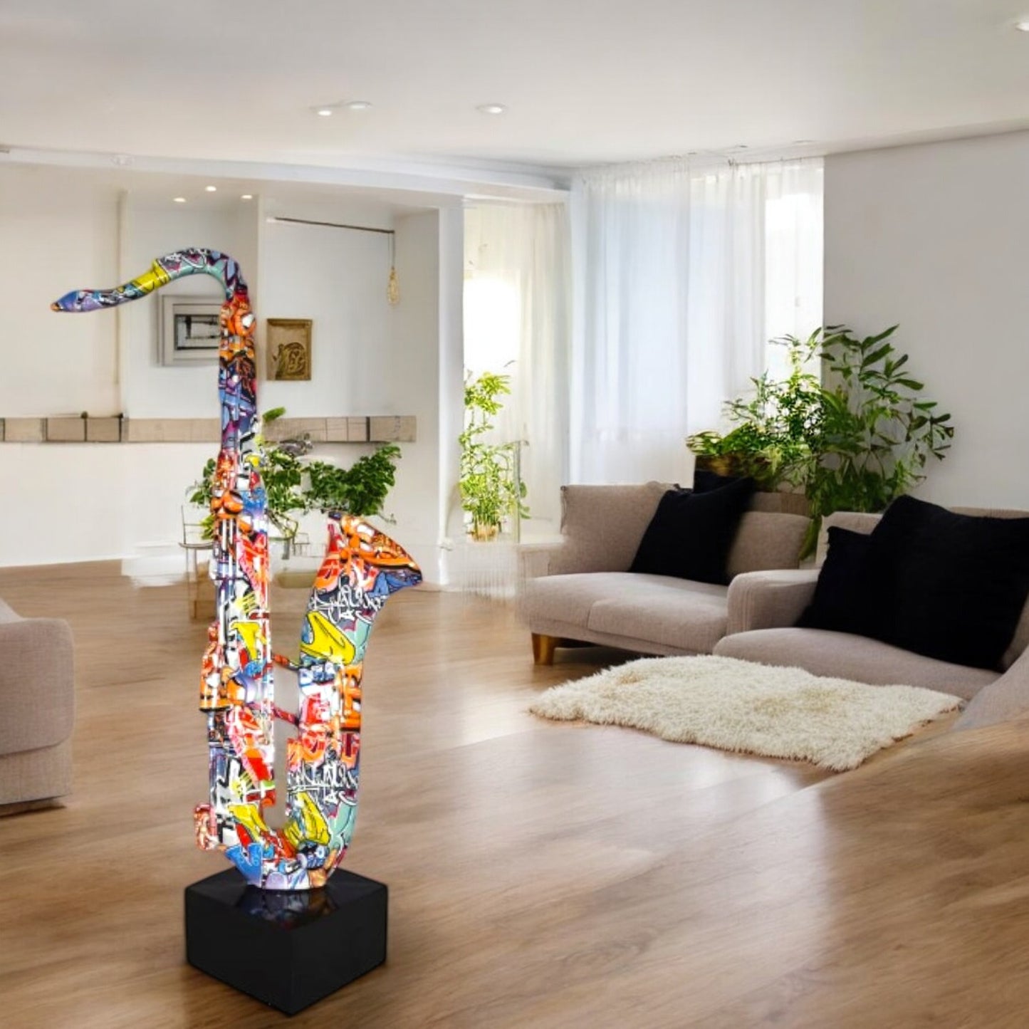 Modern Art Graffiti Saxophone Statue Made of Resin Size: 15" x 9" x 29"H
