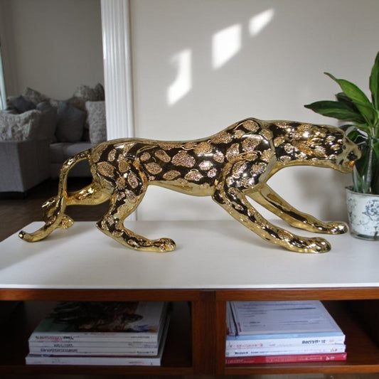 Modern Art Large Gold Jaguar Statue Made of Resin - Size: 42"L x 8"W x 14"H.