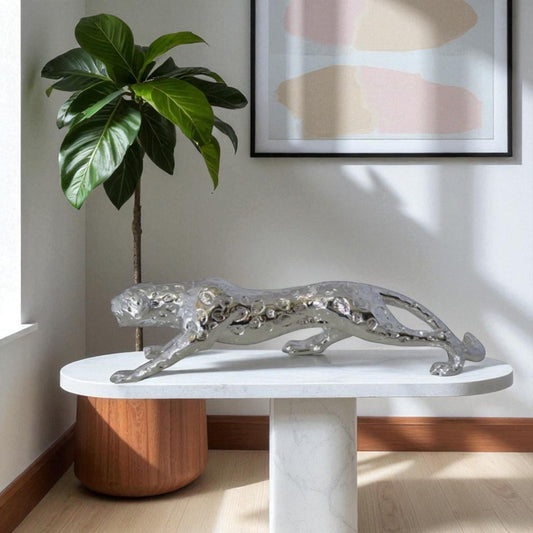 Modern Art Silver Jaguar Statue Made of Resin - Size: 23"L x 6"W x 7"H.