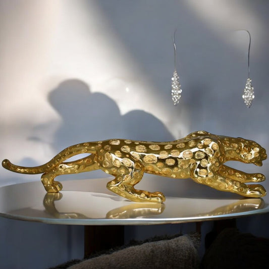 Modern Art of a Gold Jaguar Medium Statue Made of Resin Size: 40" x 7" x 10"H