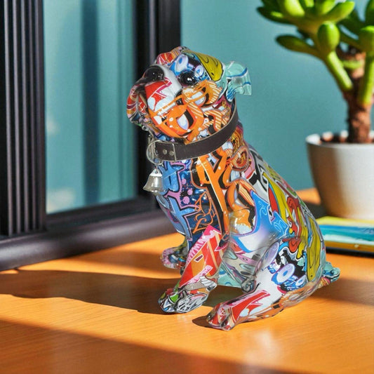 Modern Tie Dye Bulldog made of Resin -  Size: 9"L x 8"W x 12"H.