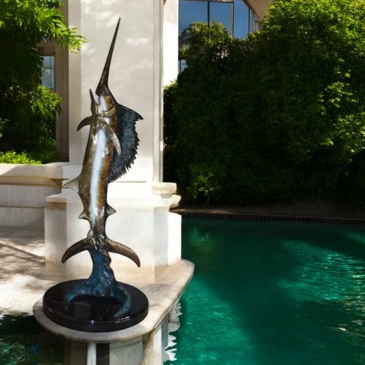 One sailfish on a marble - Bronze Statue -  Size: 17"L x 17"W x 46"H.
