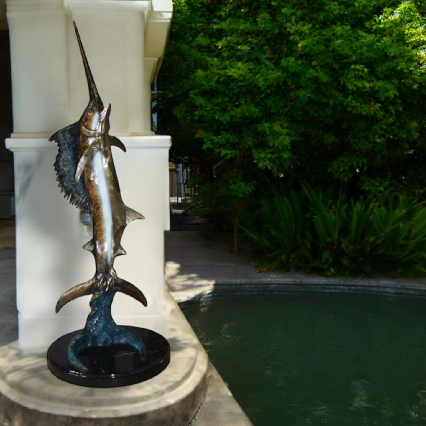 One sailfish on a marble - Bronze Statue - Size: 17"L x 17"W x 46"H.