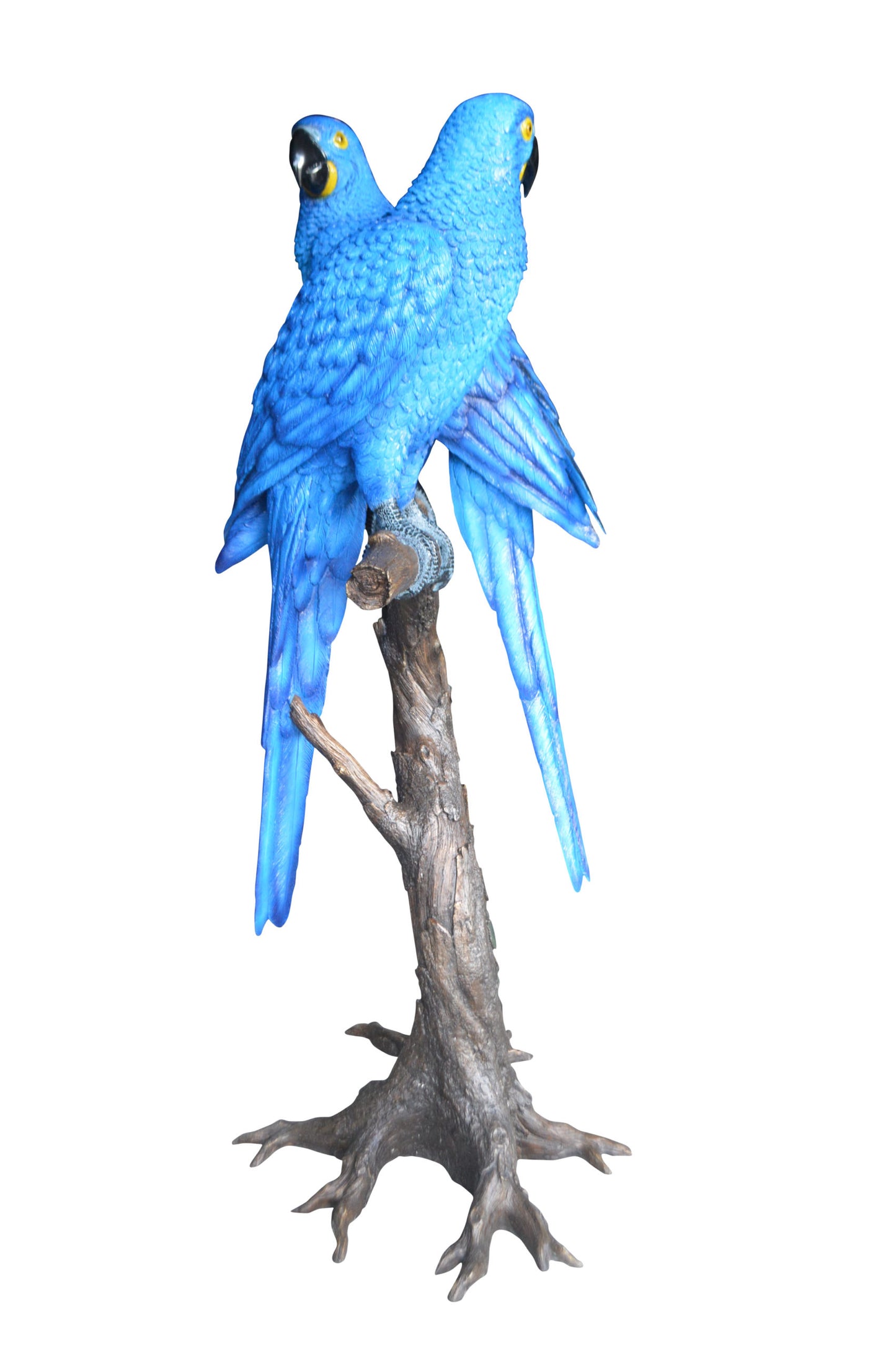 Pair of Blue Parrots on a tree - Bronze Statue - Size: 43"L x 28"W x 67"H.