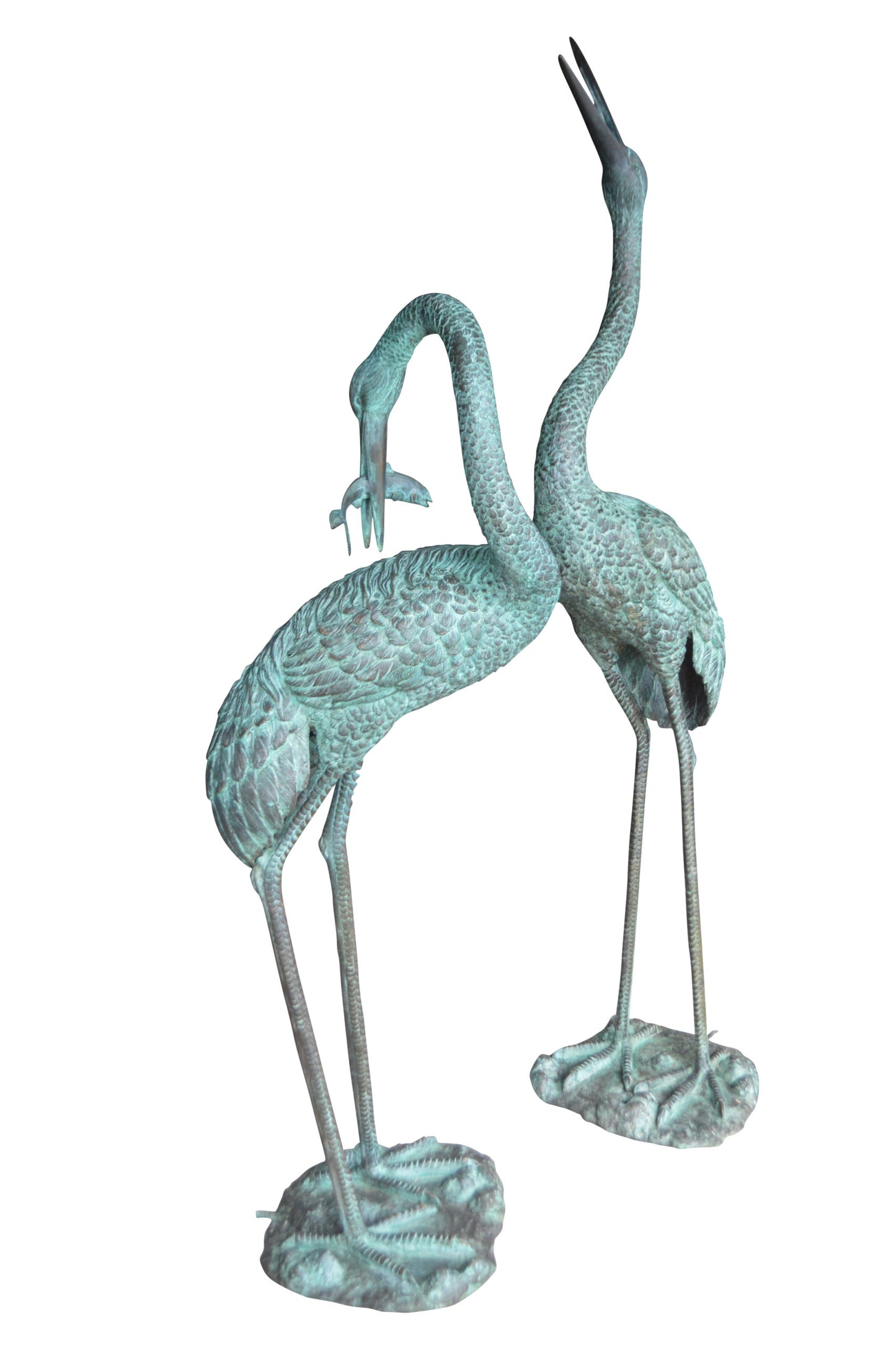 Pair of Cranes fountains Bronze Statues Green Patina - 13"L x 9.5"W x 70"H.