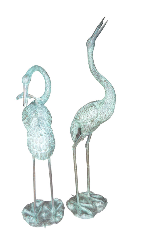 Pair of Cranes fountains Bronze Statues Green Patina - 13"L x 9.5"W x 70"H.