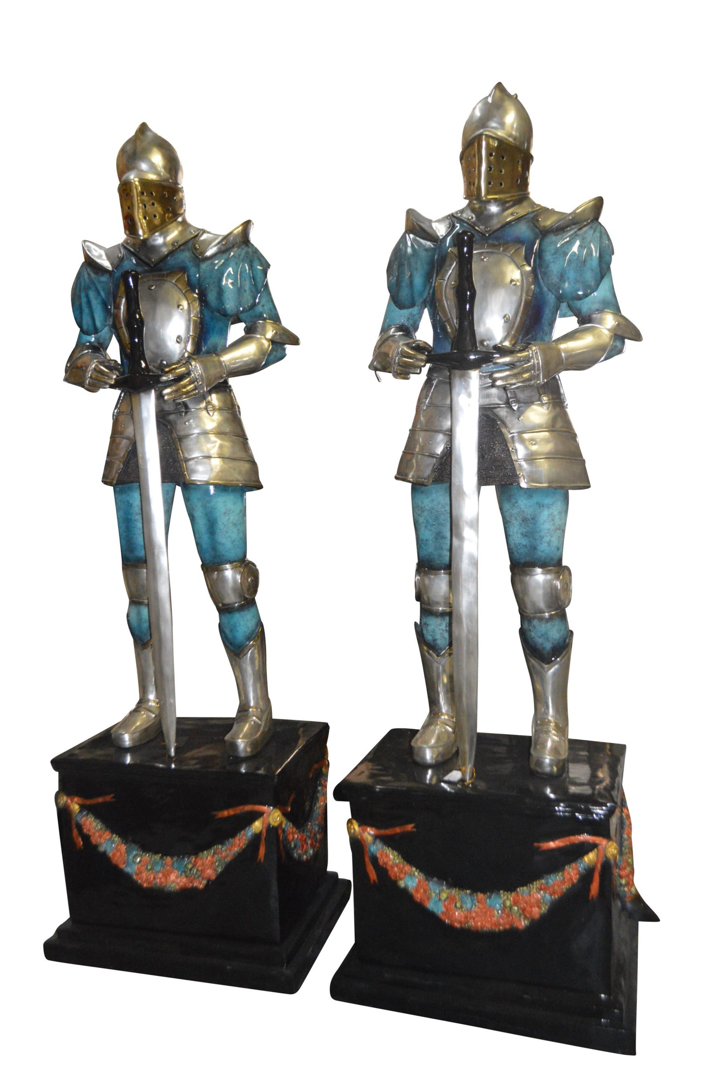 A Pair of Roman Soldiers standing with armor Bronze Statues - 22"x 31"x 93"H.