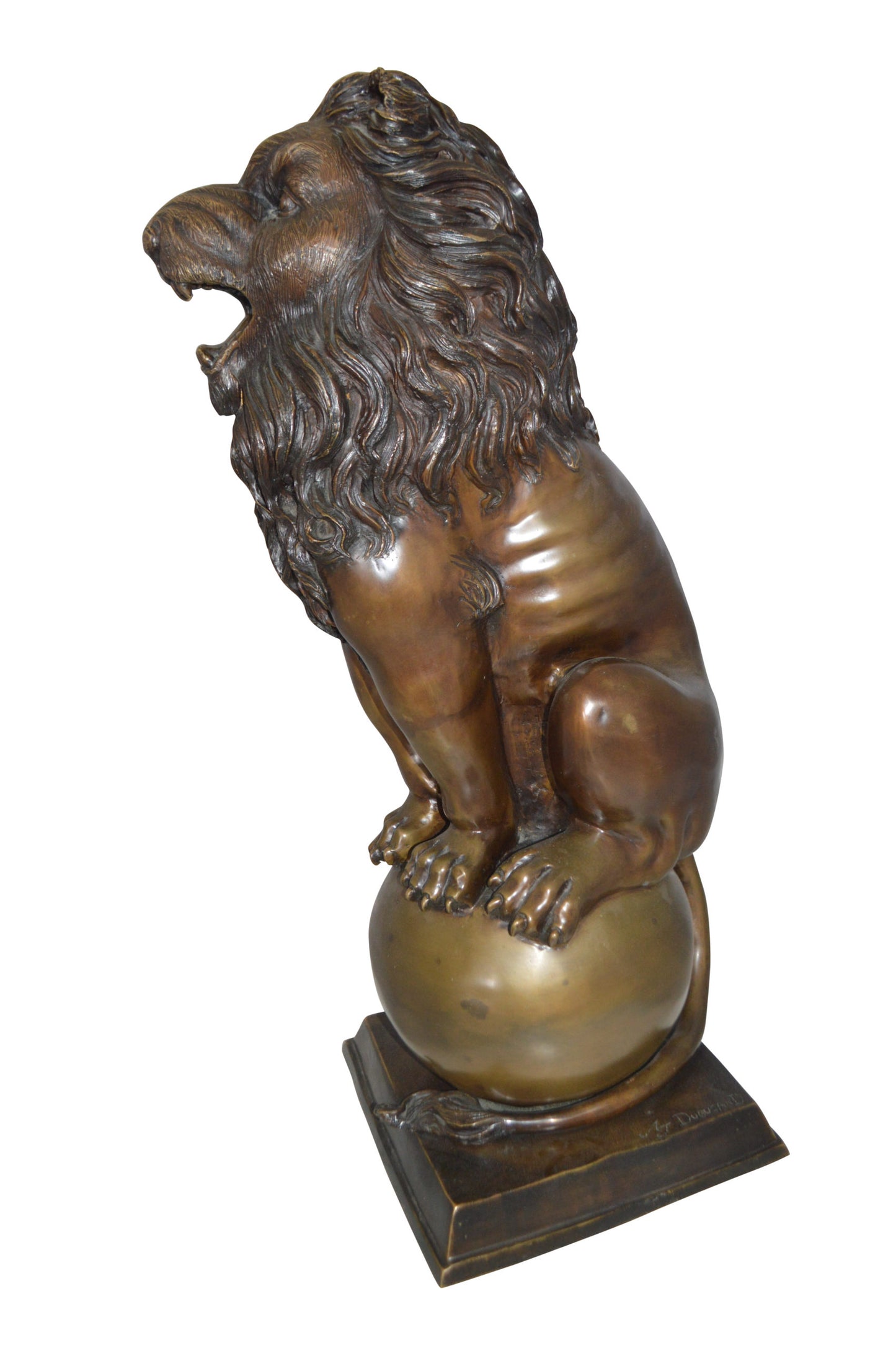 Pair of lions standing on balls, bronze statues - Size: 14"L x 16"W x 38"H.