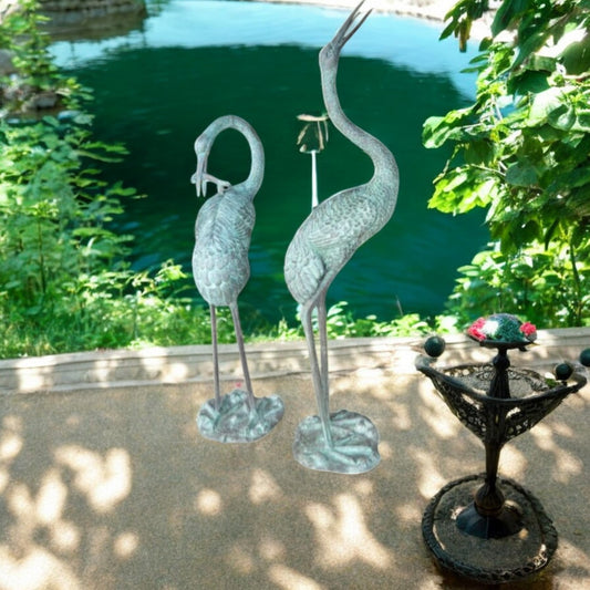 Pair of Cranes fountains Bronze Statues Green Patina -  13"L x 9.5"W x 70"H.