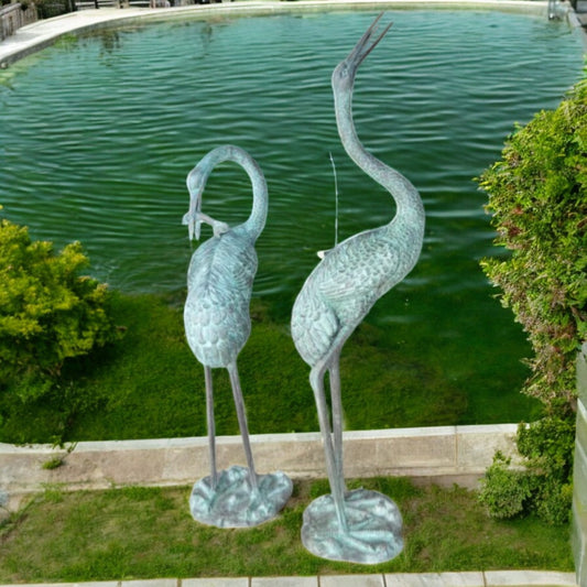 Pair of Cranes fountains Bronze Statues Green Patina -  13"L x 9.5"W x 70"H.