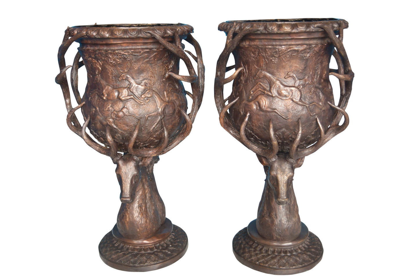 Pair of Deer Head Urn Bronze Statue - Size: 30"L x 30"W x 48"H.