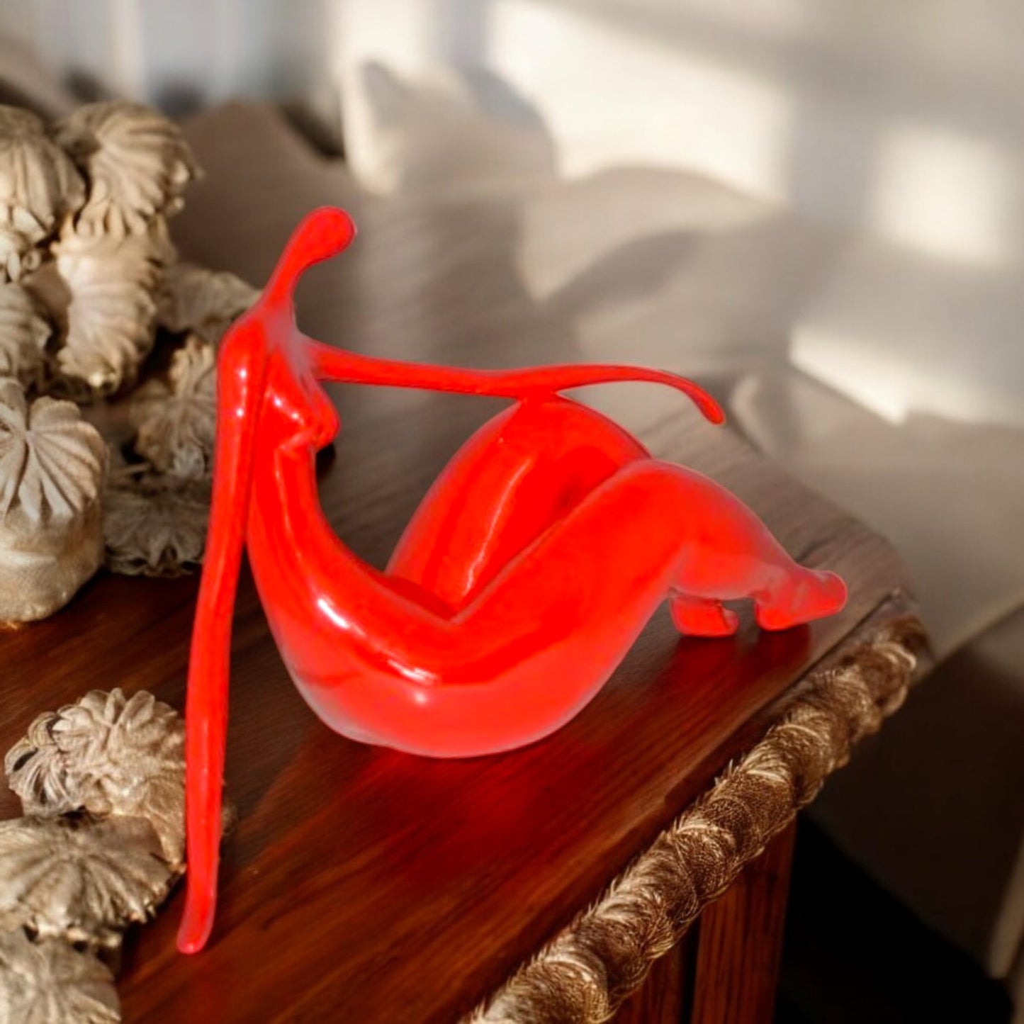 Modern Art Red Women on the Beach Resin Statue - Size: 27"L x 8"W x 15"H.