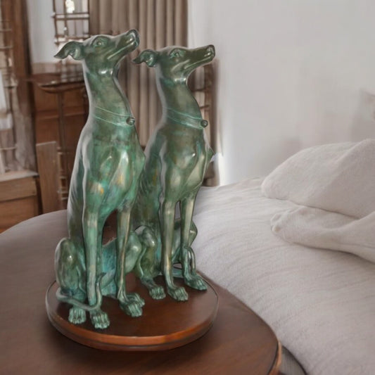 Pair of Greyhound dogs sitting Bronze Statue -  Size: 12"L x 12"W x 35"H.