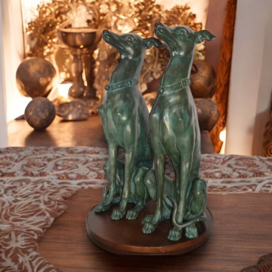Pair of Greyhound dogs sitting Bronze Statue - Size: 12"L x 12"W x 35"H.