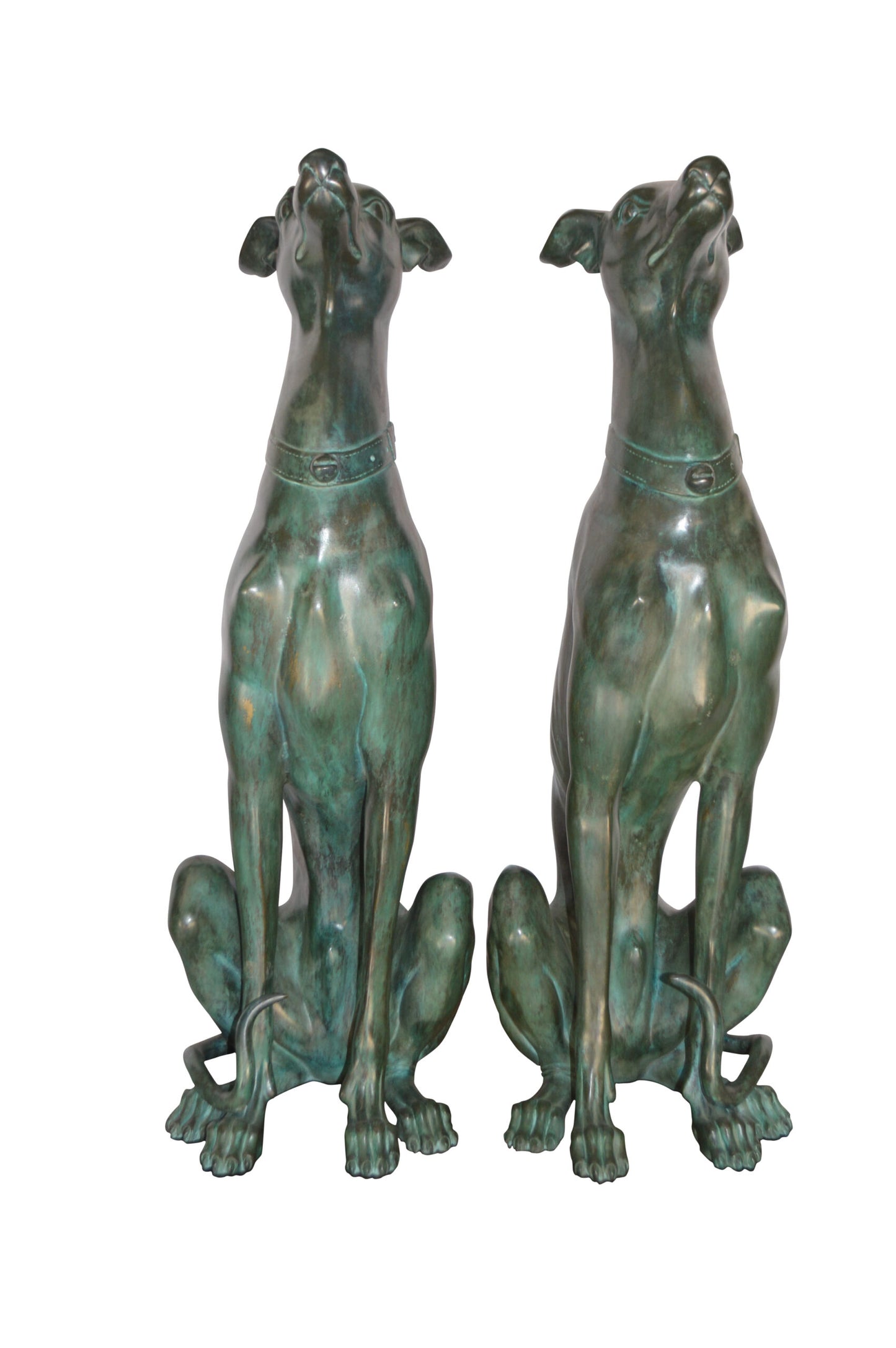 Pair of Greyhound dogs sitting Bronze Statue - Size: 12"L x 12"W x 35"H.
