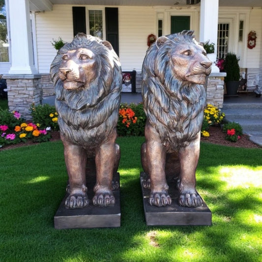 Pair of Life-size lions bronze statues - Size: 17"L x 35"W x 47"H.