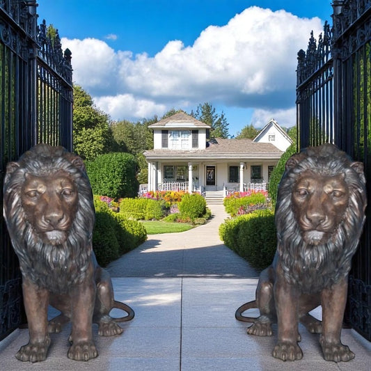 Pair of life size lion bronze statues -  Size: 55"L x 28"W x 60"H.
