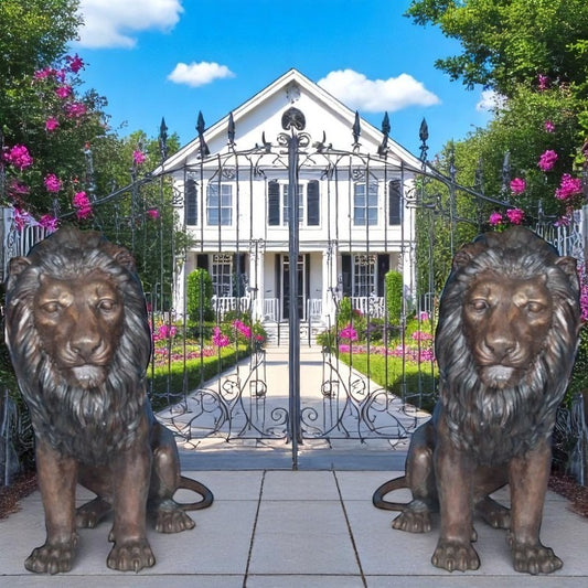 Pair of life size lion bronze statues -  Size: 55"L x 28"W x 60"H.