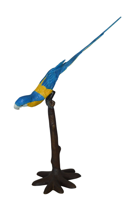 Parrot on Tree - Head Down Bronze Statue - Size: 39"L x 15"W x 47"H.
