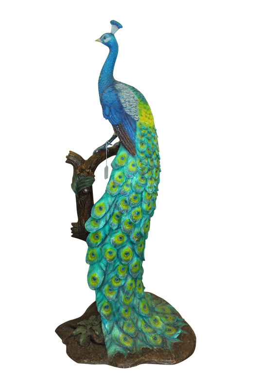 Peacock on Tree Bronze Statue - Size: 31"L x 30"W x 64"H.