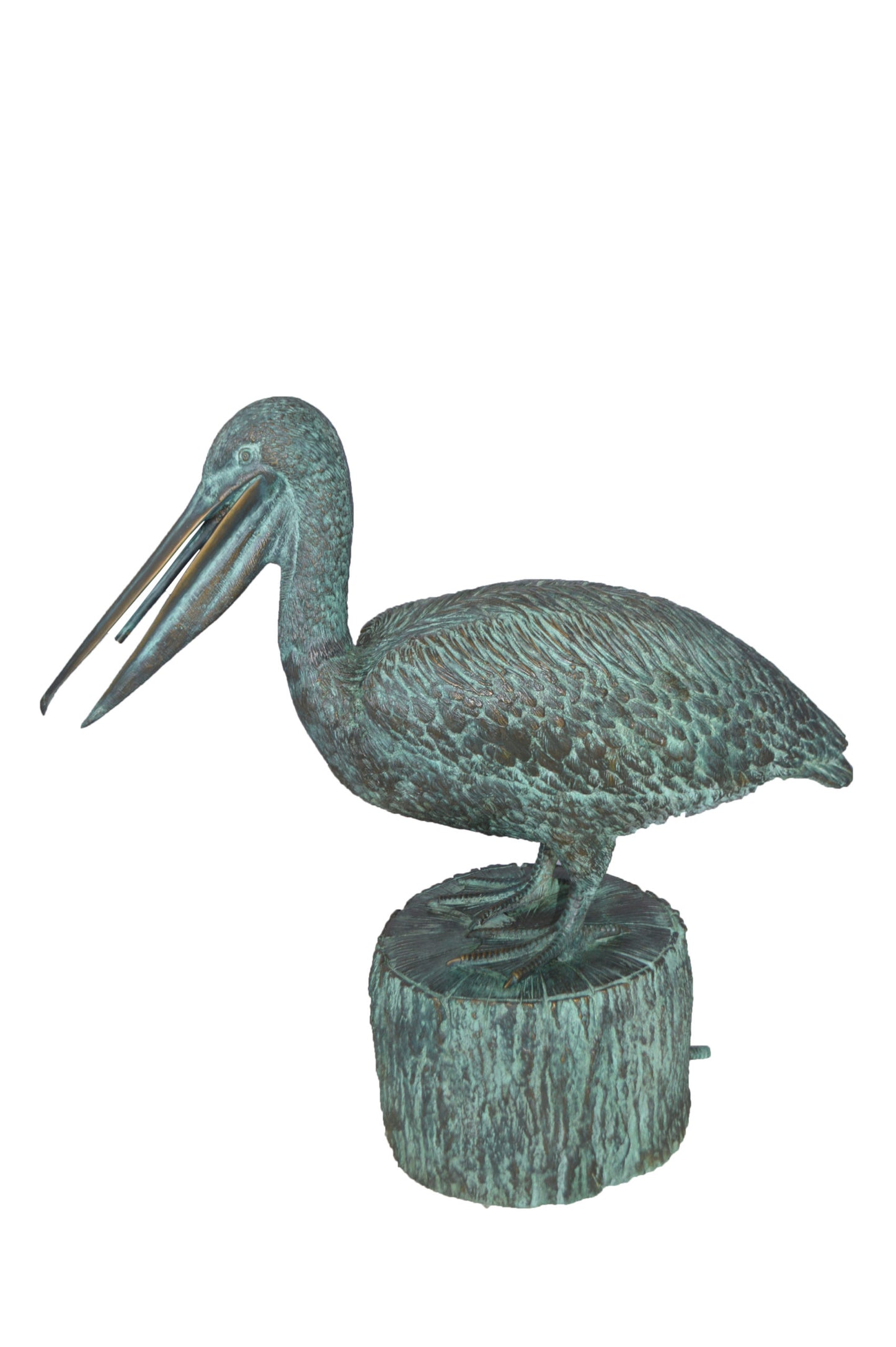 Pelican on a Tree Stump fountain bronze statue - Size: 30"L x 16"W x 30"H.