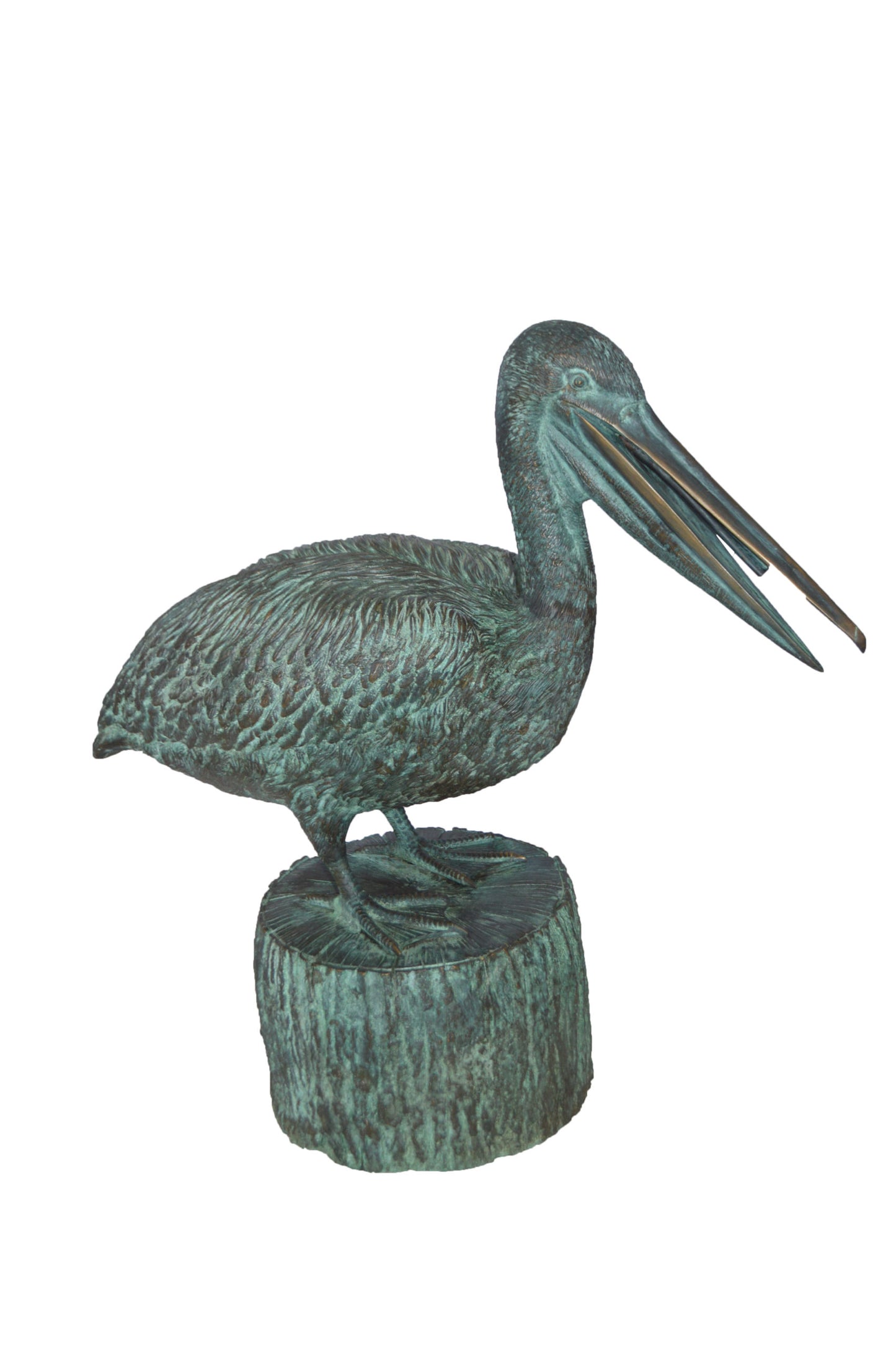 Pelican on a Tree Stump fountain bronze statue - Size: 30"L x 16"W x 30"H.