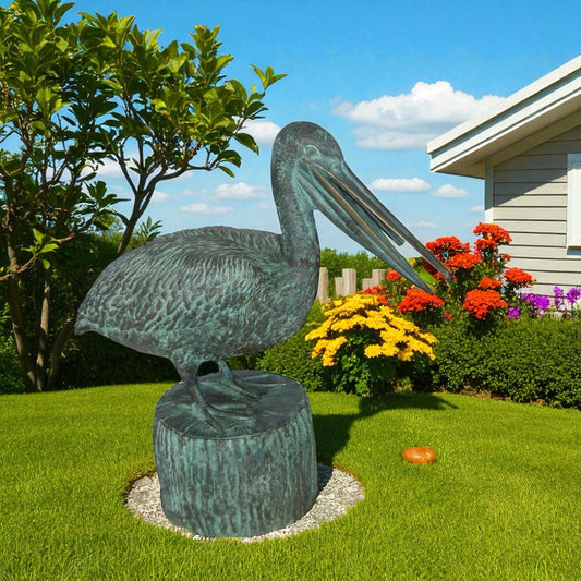 Pelican on a Tree Stump fountain bronze statue -  Size: 30"L x 16"W x 30"H.