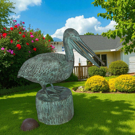 Pelican on a Tree Stump fountain bronze statue -  Size: 30"L x 16"W x 30"H.