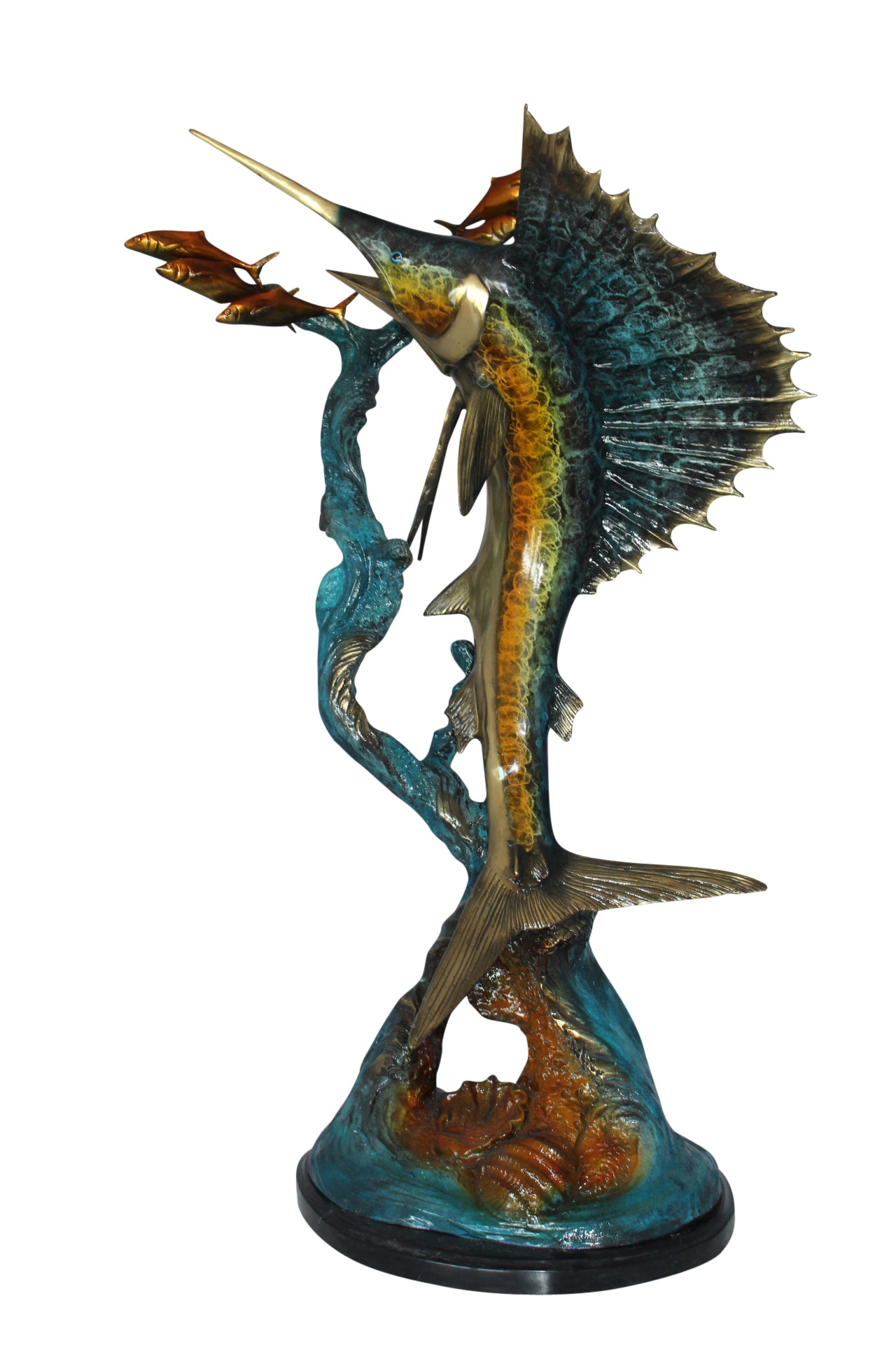 Sailfish With Small Fish Bronze Statue - Size: 29"L x 17"W x 40"H.