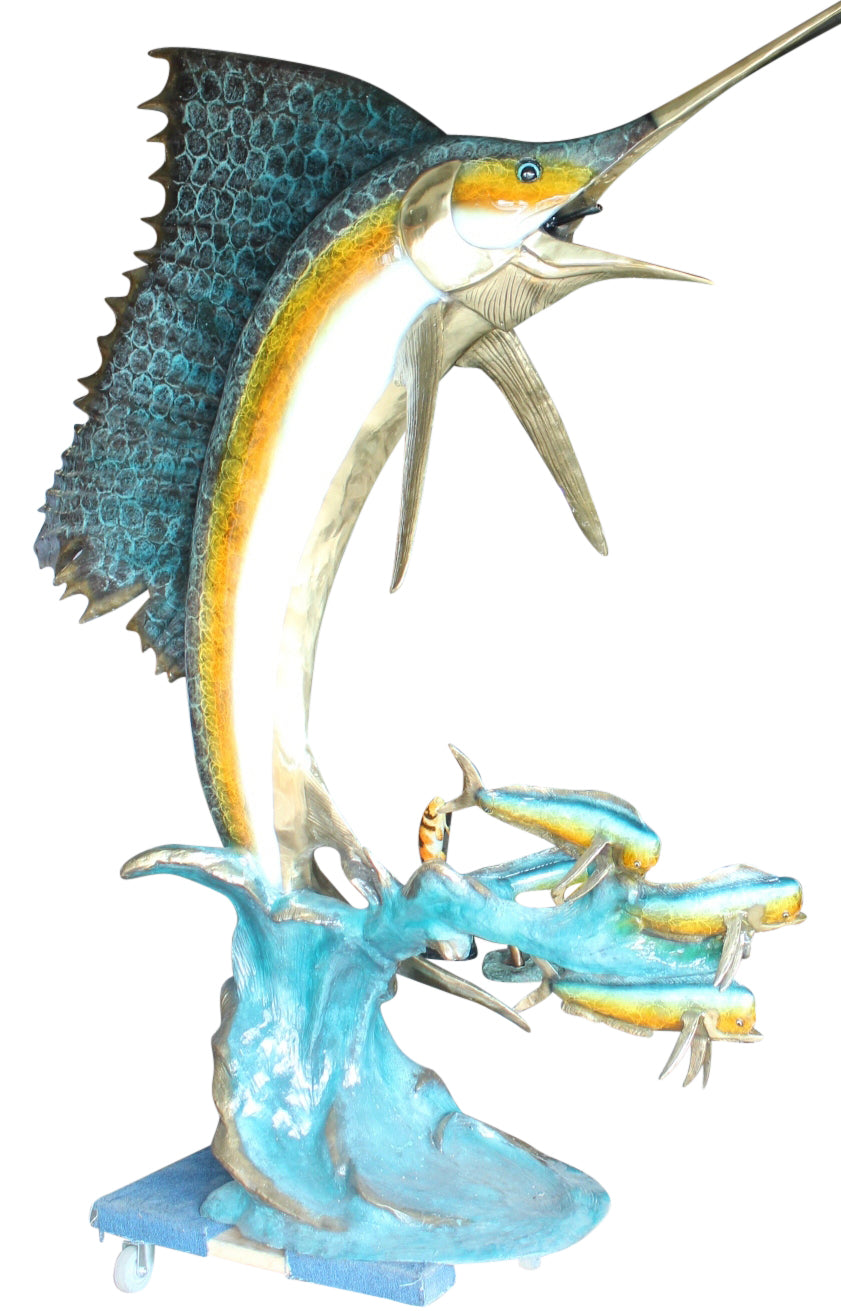 Sailfish - large with 4 Mahi Mahi Bronze Statue - fountain - 90"L x 34"W x 90"H