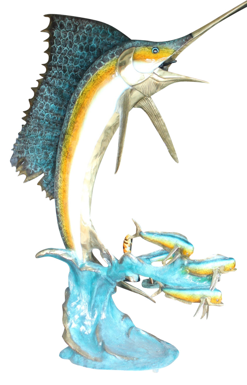 Sailfish - large with 4 Mahi Mahi Bronze Statue - fountain - 90"L x 34"W x 90"H