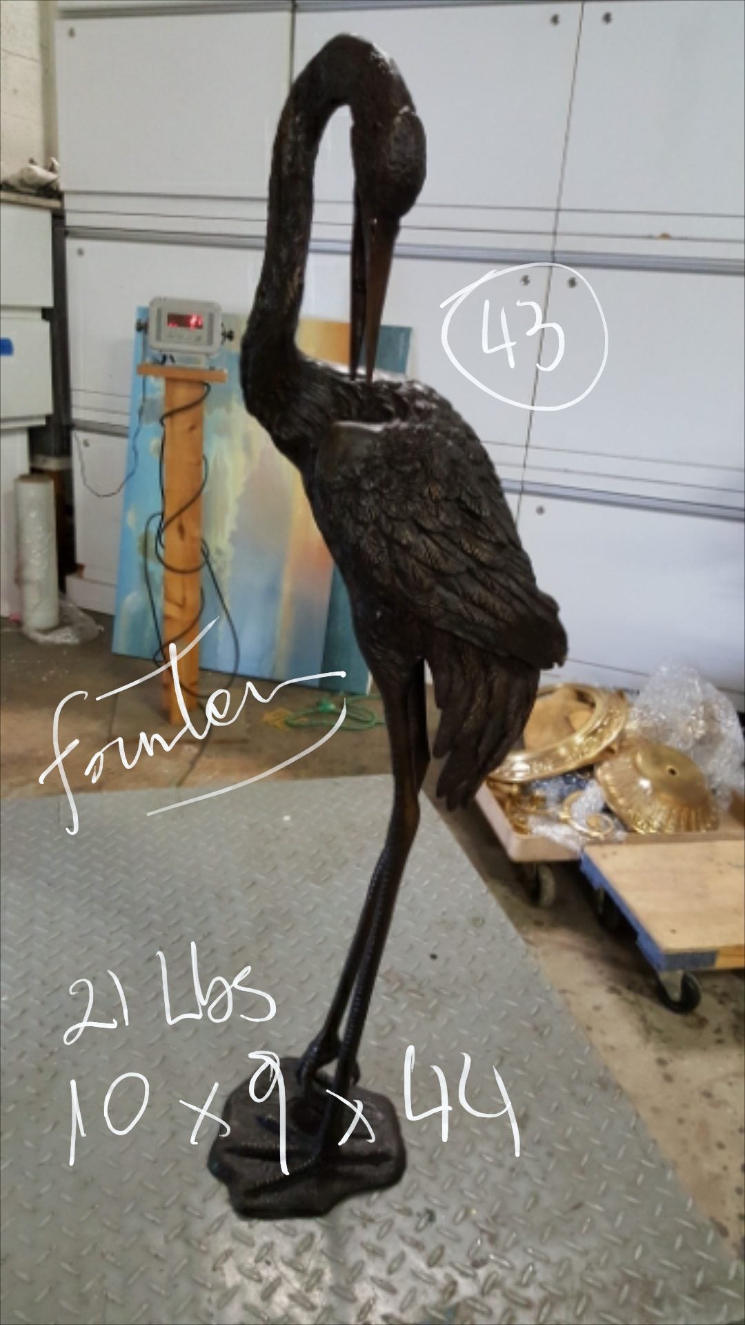 Crane head down fountain Bronze Statue - Size: 10"L x 9"W x 44"H.