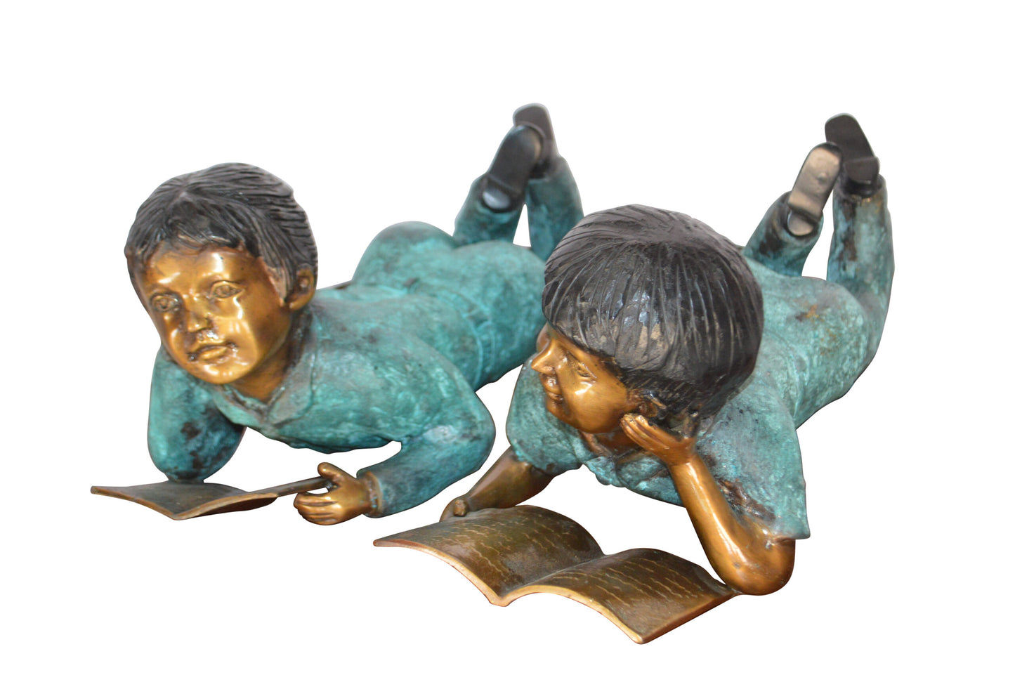 Set of a Boy and a Girl Reading a Book Bronze Statue - Size: 16"L x 7"W x 8"H.