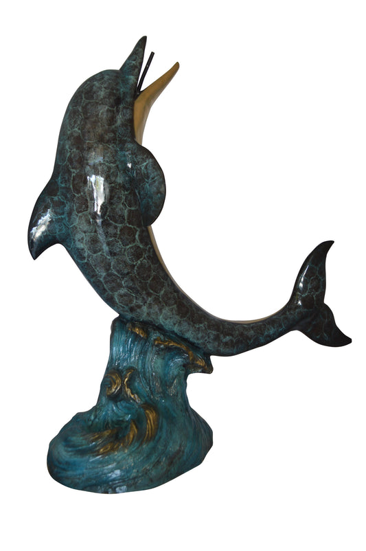 Single Dolphin On Wave Fountain Bronze Statue - Size: 48"L x 24"W x 53"H.