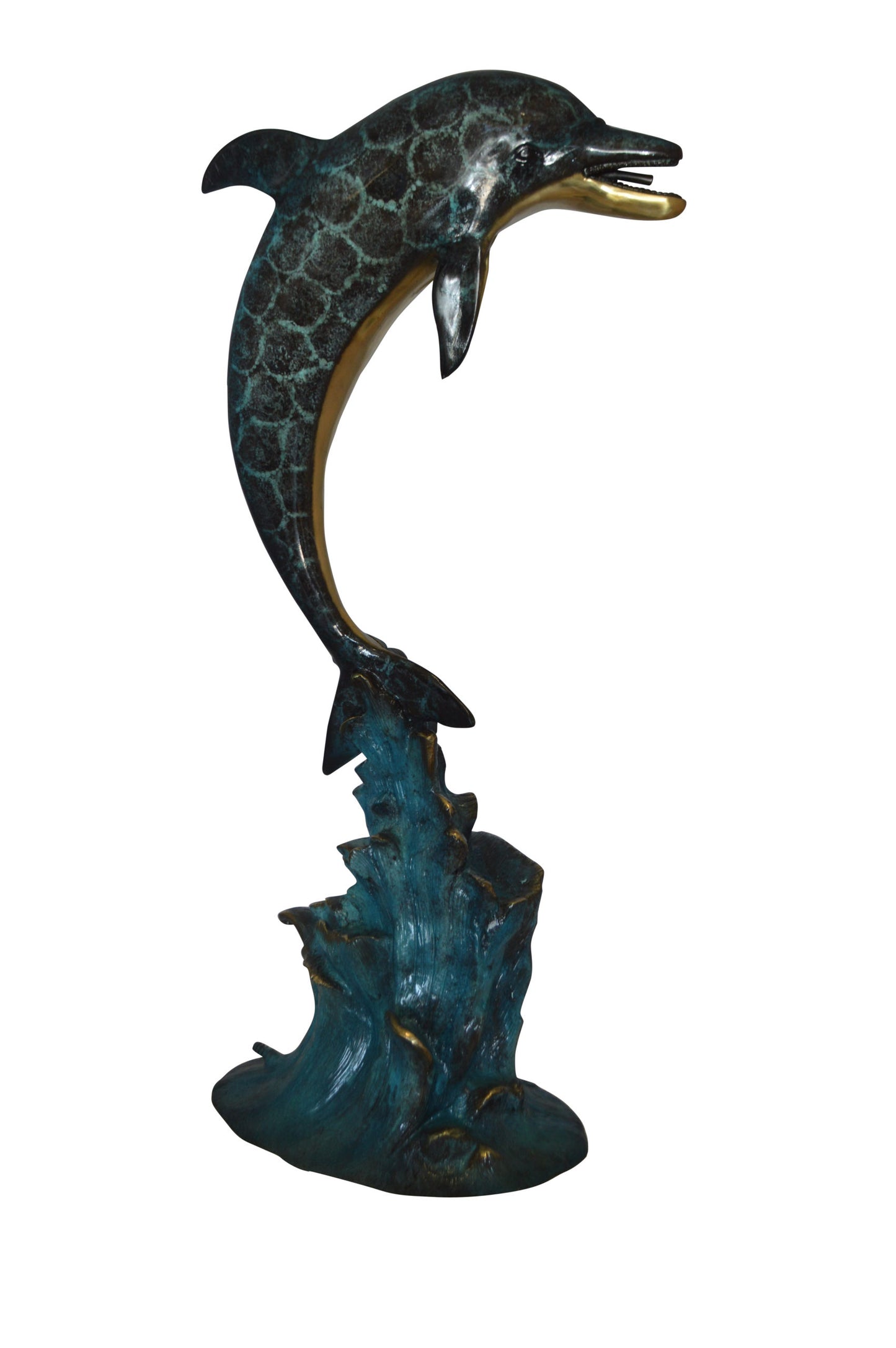 Single Dolphin Fountain Bronze Statue - Size: 22"L x 14"W x 45"H.