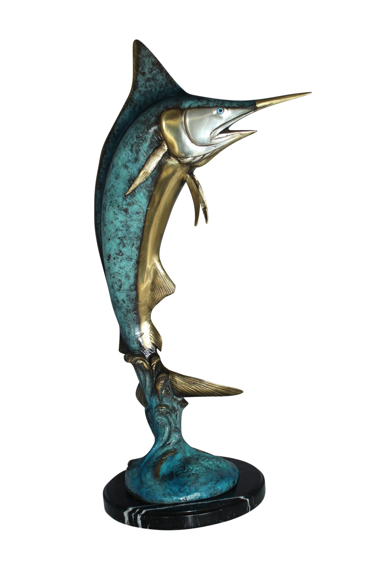 Single Marlin Fish bronze statue - Size: 9"L x 9"W x 27"H.