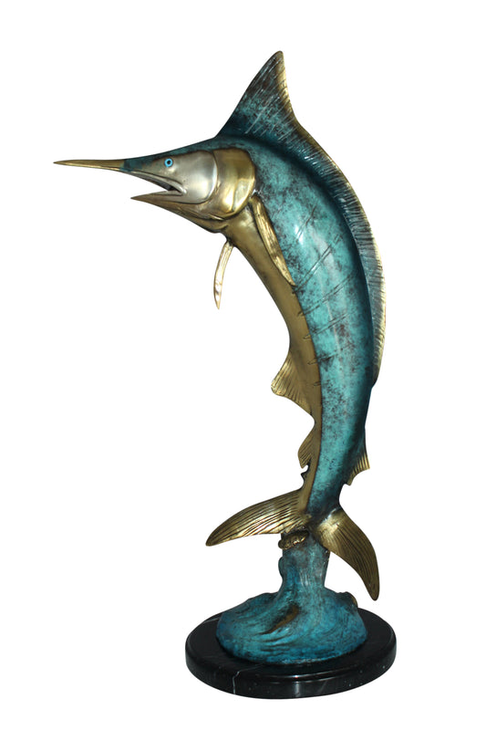 Single Marlin Fish bronze statue - Size: 9"L x 9"W x 27"H.