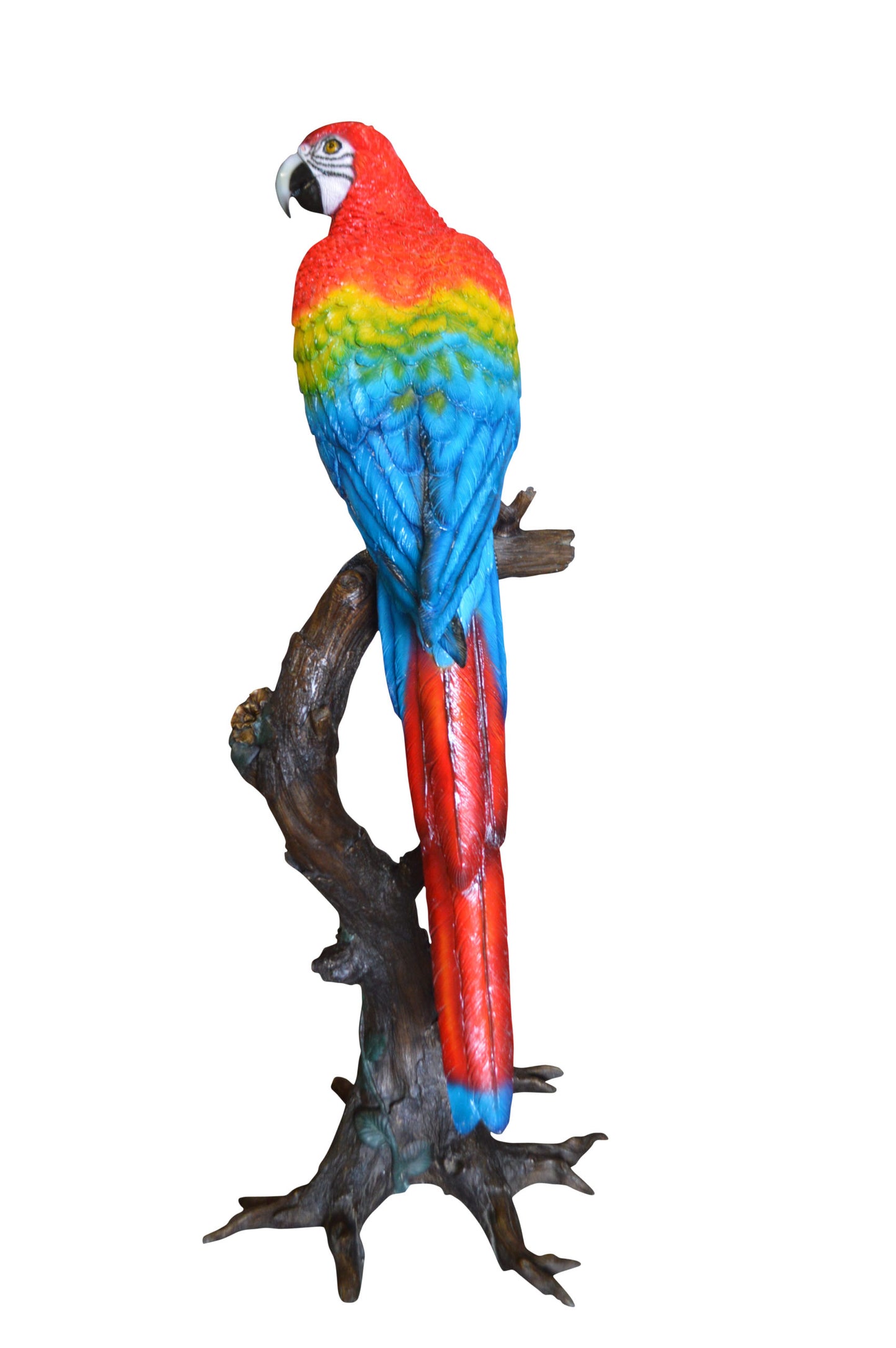 Single Red and Blue Parrot on a tree Bronze Statue - Size: 30"L x 24"W x 66"H.