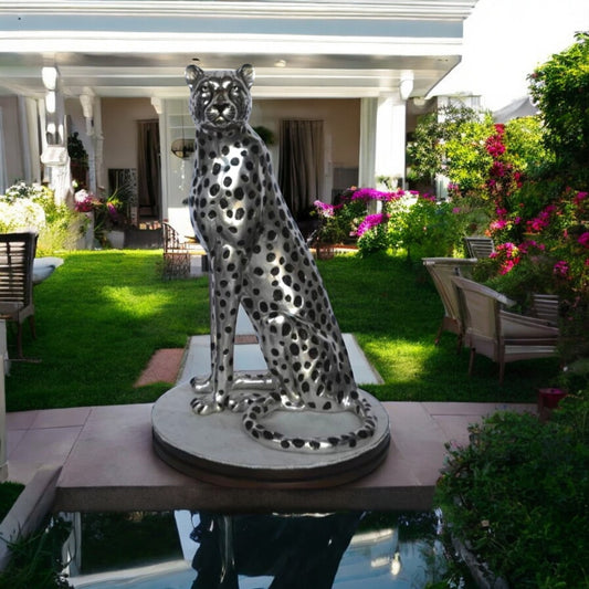 Sitting Cheetah Bronze Statue Silver Finish - Size: 21"L x 21"W x 34"H.