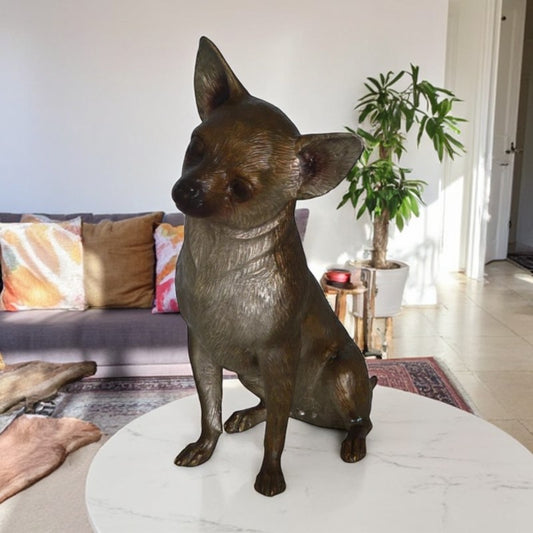 Sitting Chihuahua Bronze Statue - Size: 6"L x 15"W x 15"H.
