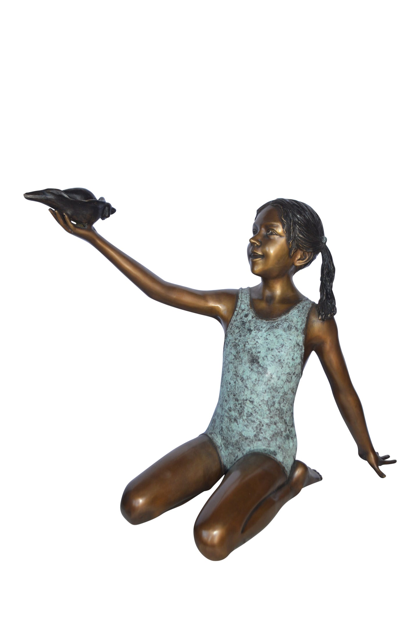 Sitting Girl Holding Shell Bronze Statue Fountain - Size: 32"L x 22"W x 25"H.
