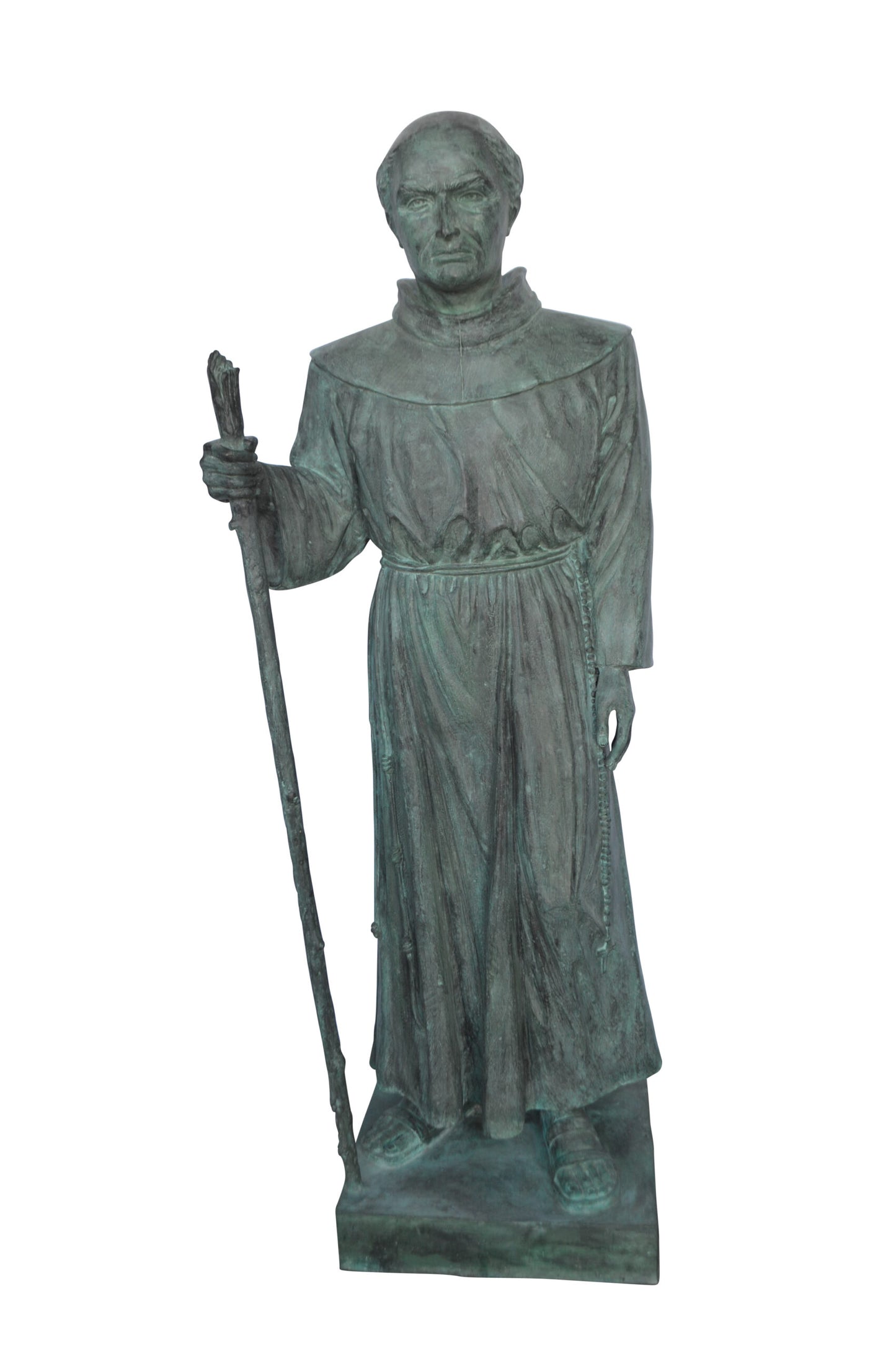 St. Serra Bronze Statue Green Patina - Size: 22"L x 19"W x 62"H.