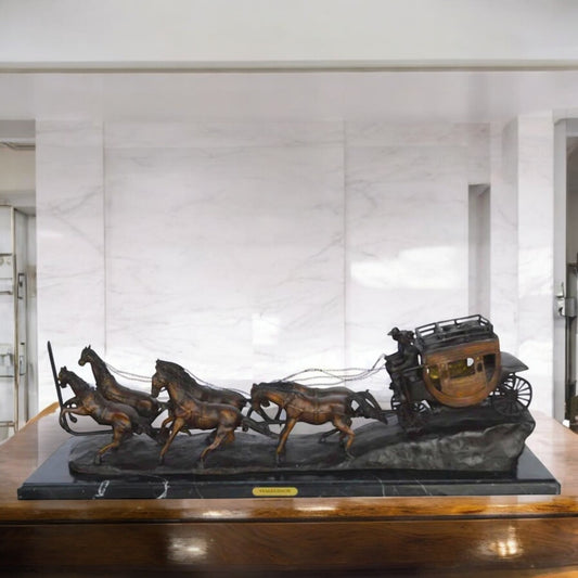 Stagecoach by M. Russell Replica Bronze Statue - Size: 38"L x 10"W x 12"H.